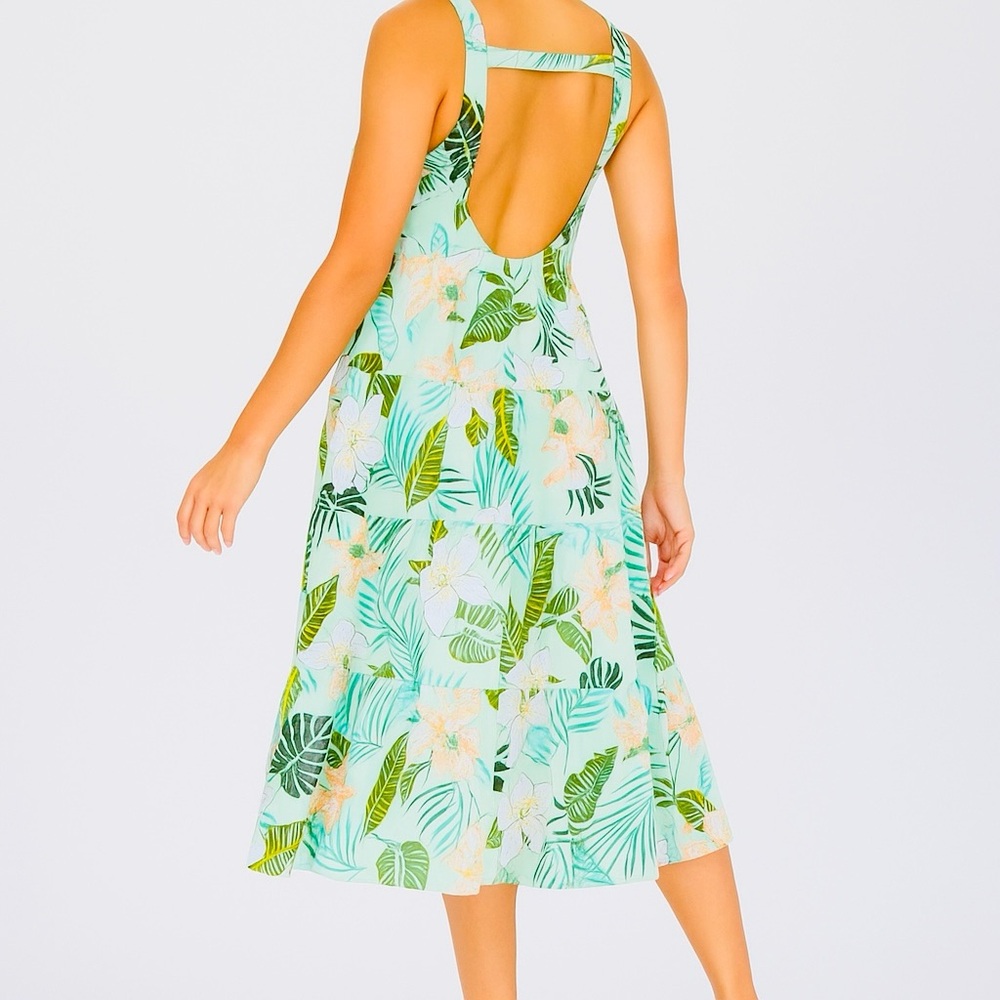 Green and White Backless Dress with Tropical Print